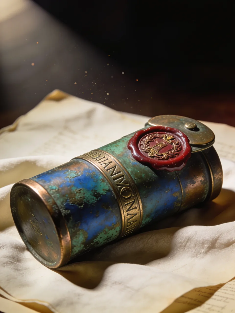 A verdigris copper time-capsule cylinder with a red wax seal, photographed on archival cream cloth