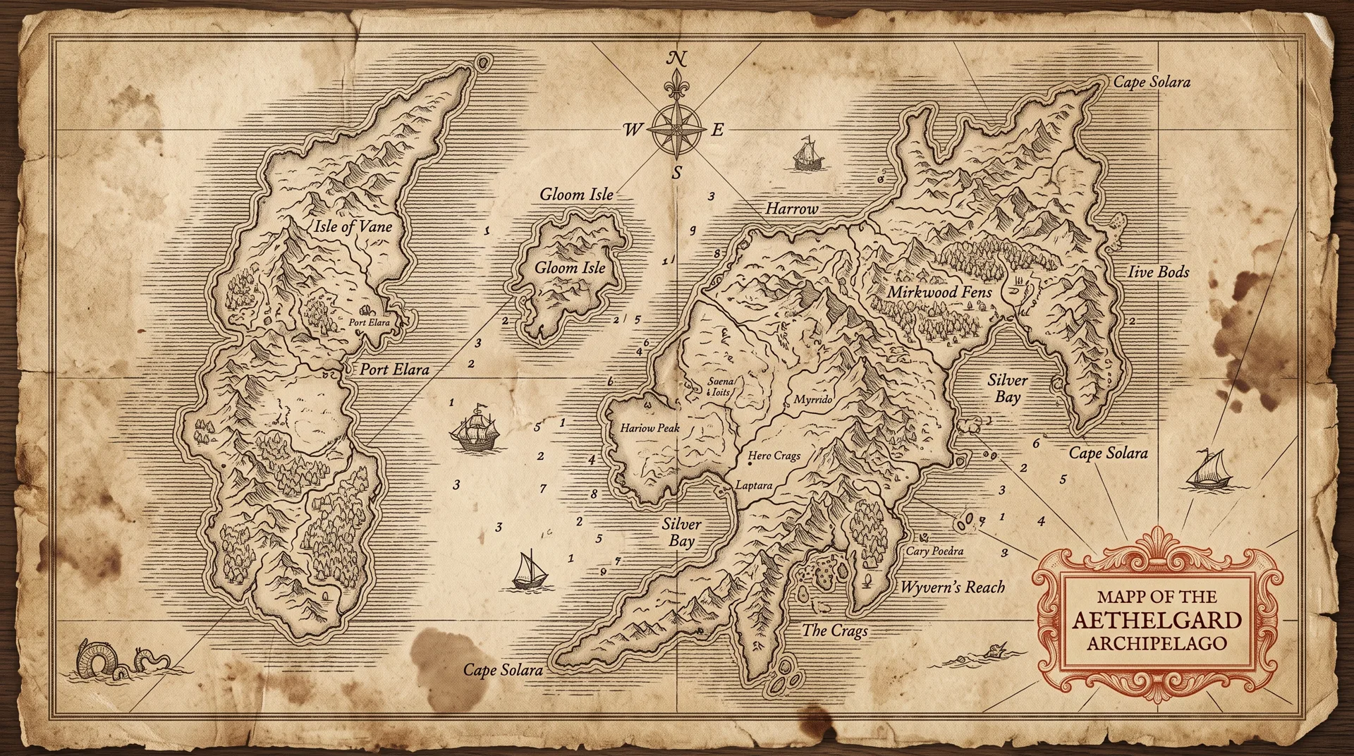 Aged hand-drawn atlas plate depicting the fictional Aethelgard Archipelago, with hatched seas, mountain relief, sea serpents, and a vermilion cartouche