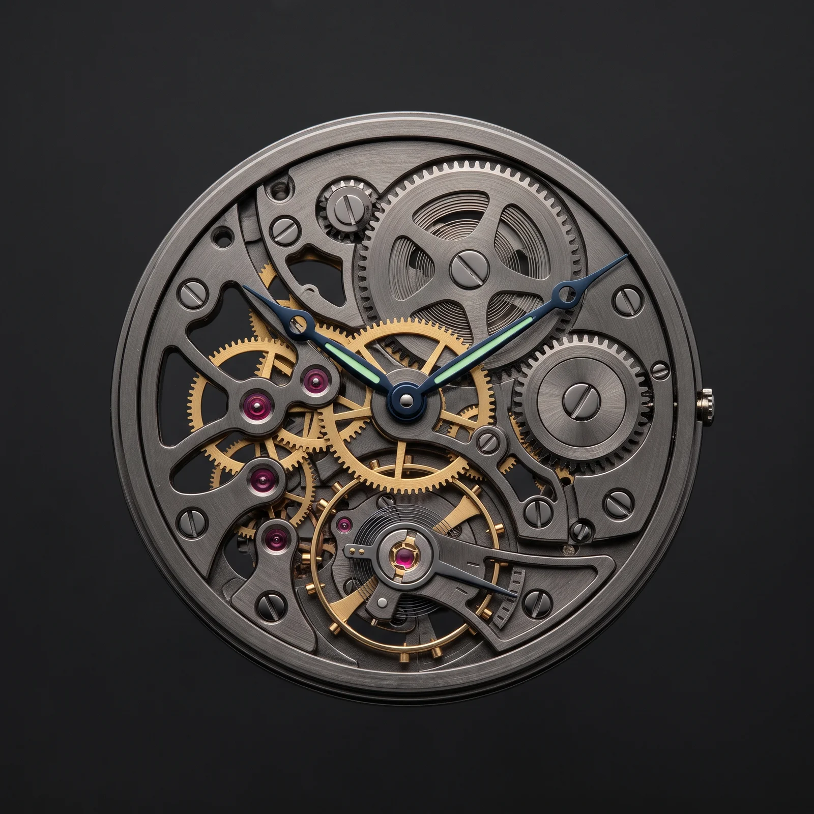 Specimen 001 — skeletonised gunmetal pocket-watch movement with gilt going train and luminova hands